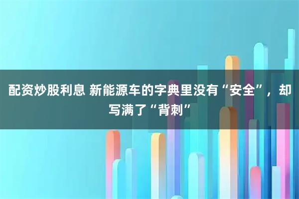 配资炒股利息 新能源车的字典里没有“安全”，却写满了“背刺”